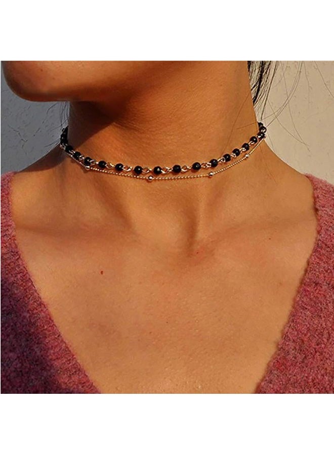 Yalice Layered Choker Necklace Silver Beaded Necklaces Jewelry for Women and Girls (Black) - Image 2