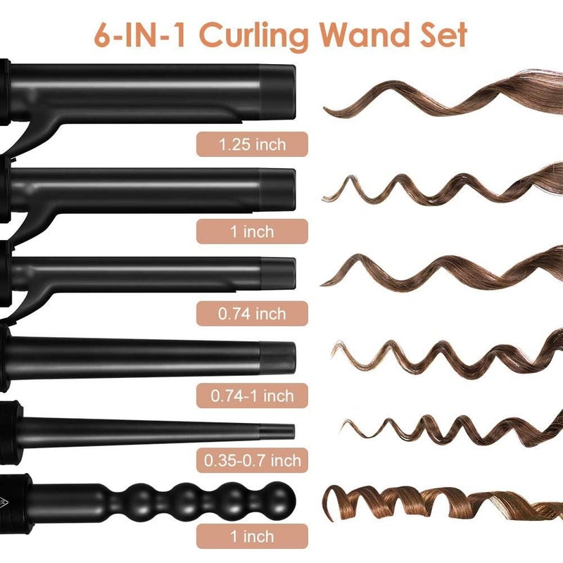 Duomishu 6-in-1 Curling Iron, Professional Instant Heat Up Hair Curling Wand Set with 6 Interchangeable Ceramic Barrels (0.35'' to 1.25'') and 2 Temperature Adjustments, Heat Protective Glove & 2 Clips - Image 2