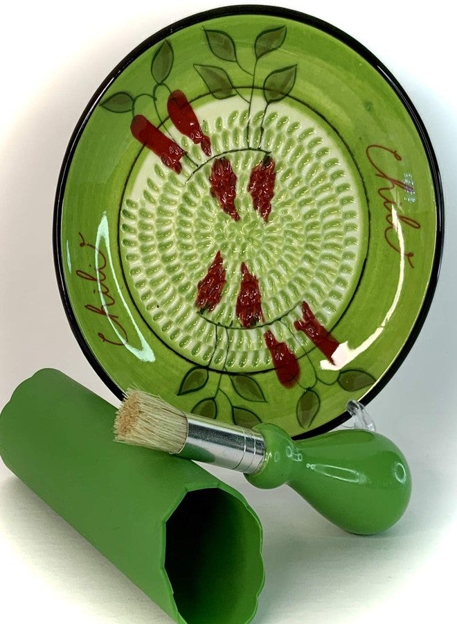 BonCera, All-in-one Premium Ceramic Garlic Grater Plate 4-Piece Set - Green Chili Design, Classic Style - For Garlic, Ginger, Chocolate, and more! - Comes with 5.25" Plate, Peeler, Brush, and Stand - Image 2
