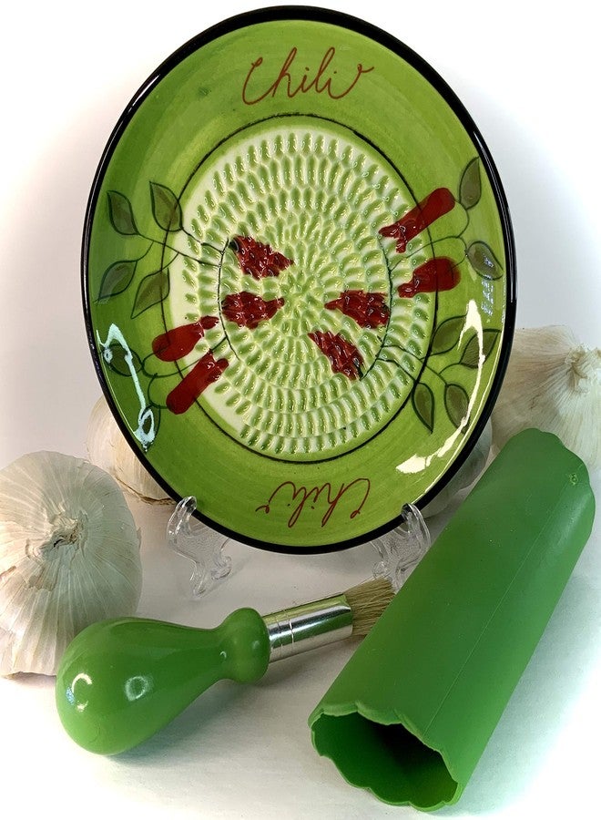 BonCera, All-in-one Premium Ceramic Garlic Grater Plate 4-Piece Set - Green Chili Design, Classic Style - For Garlic, Ginger, Chocolate, and more! - Comes with 5.25" Plate, Peeler, Brush, and Stand - Image 1