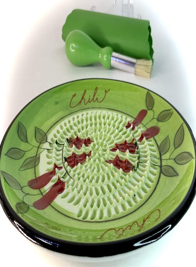 BonCera, All-in-one Premium Ceramic Garlic Grater Plate 4-Piece Set - Green Chili Design, Classic Style - For Garlic, Ginger, Chocolate, and more! - Comes with 5.25" Plate, Peeler, Brush, and Stand - Image 5
