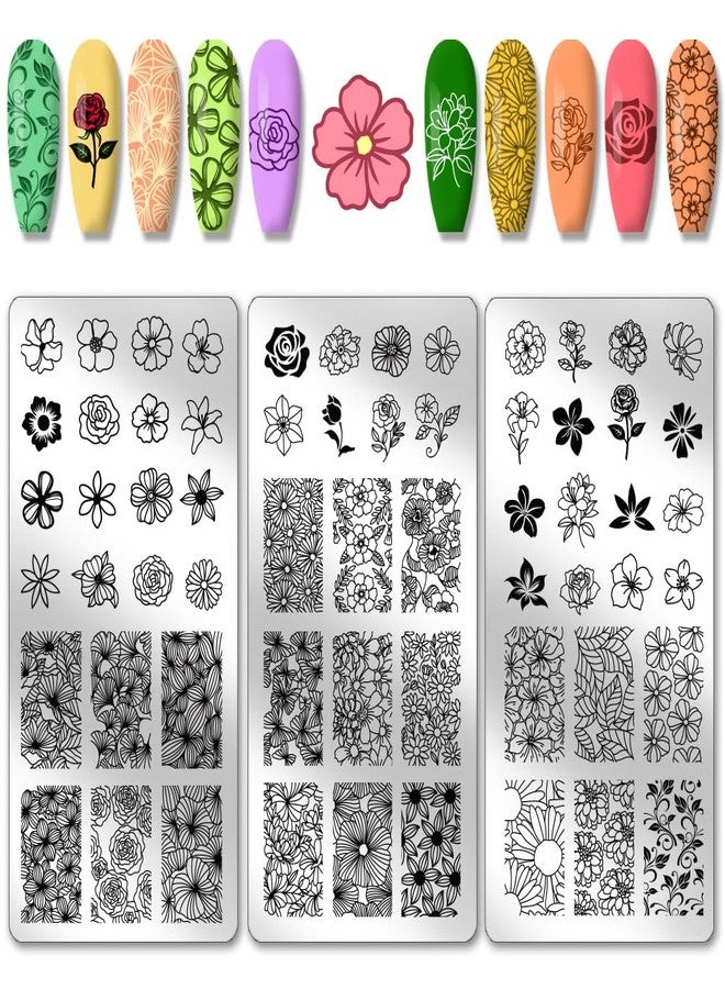 PH PandaHall 3pcs Flowers Nail Stamping Plates, Plants Nail Art Templates Mixed Floral Rose Nail Art Stencil Stainless Steel Nail Image Plates for Women Nail Design Print Manicure Salon - Image 1
