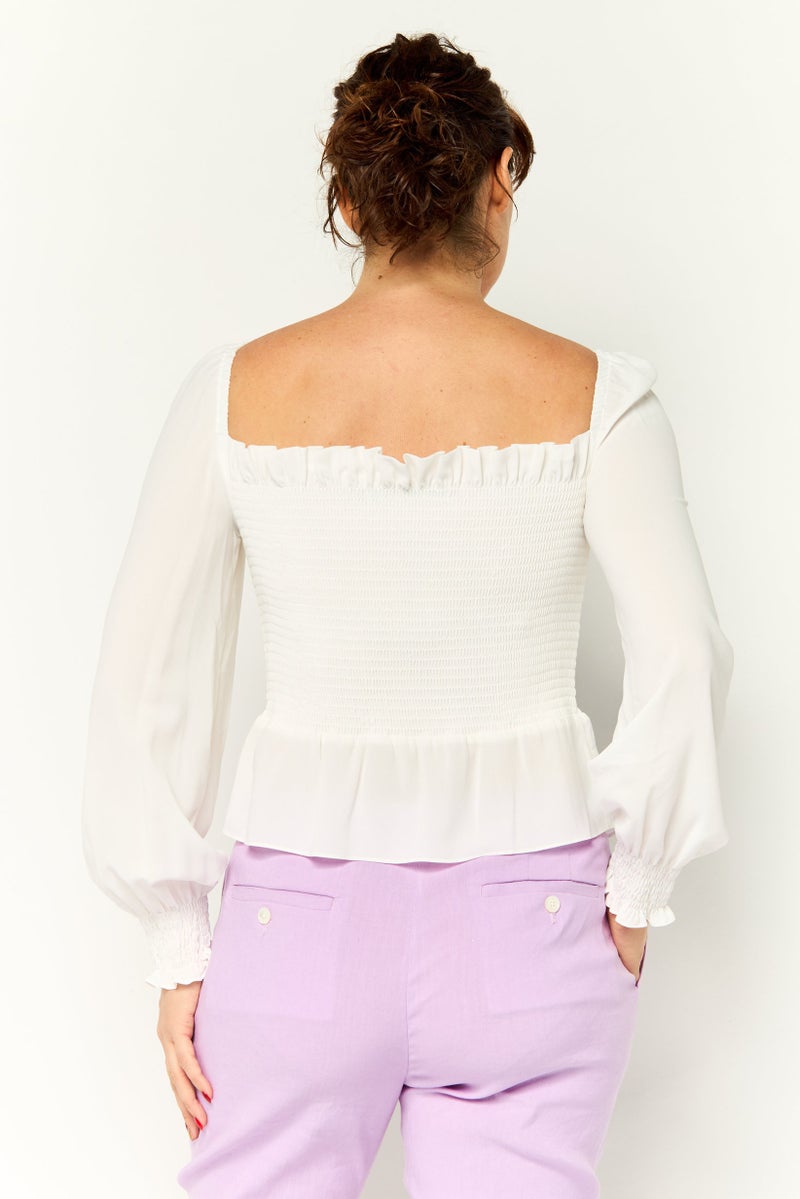 Karl Lagerfeld Women Square Neck Long Sleeve Textured Top, White  - Image 4