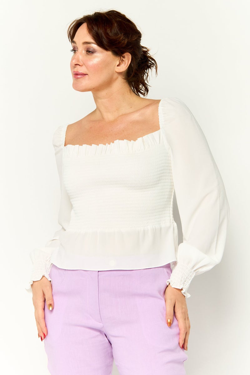 Karl Lagerfeld Women Square Neck Long Sleeve Textured Top, White  - Image 1