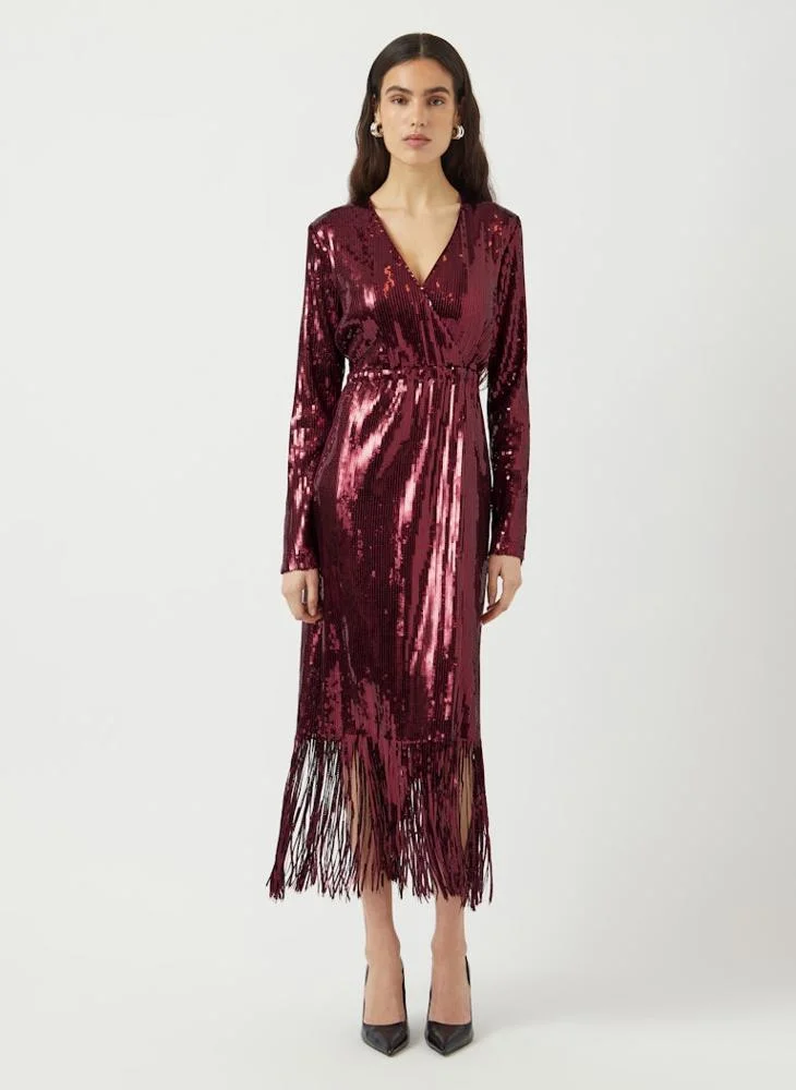 Sequin Wrap detail Long Sleeve Midi Dress