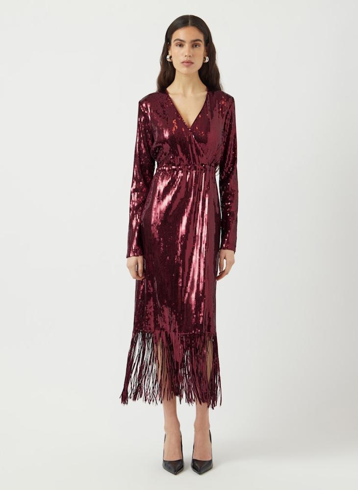 YAS Sequin Wrap detail Long Sleeve Midi Dress - Image 1