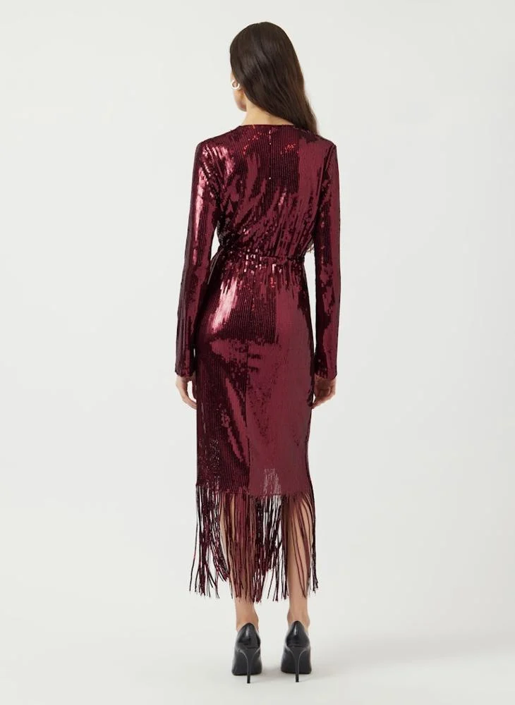 YAS Sequin Wrap detail Long Sleeve Midi Dress