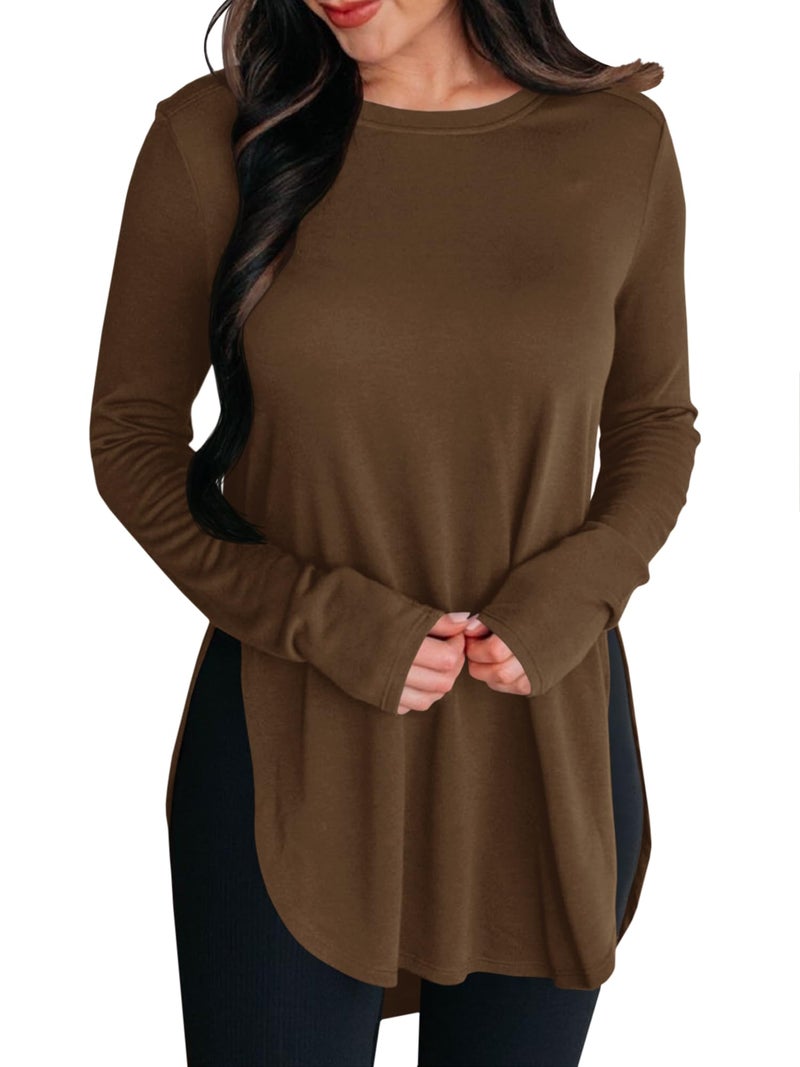 BZB Womens Long Sleeve Tunic Tops Fall Casual Crew Neck Side Split Hi-Low Hem Loose Shirts To Wear With Leggings Brown - Image 1