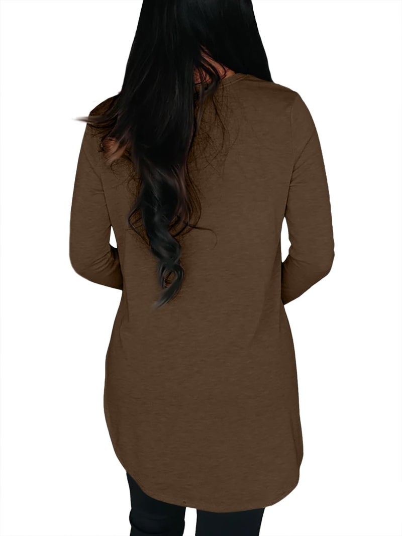 BZB Womens Long Sleeve Tunic Tops Fall Casual Crew Neck Side Split Hi-Low Hem Loose Shirts To Wear With Leggings Brown - Image 3