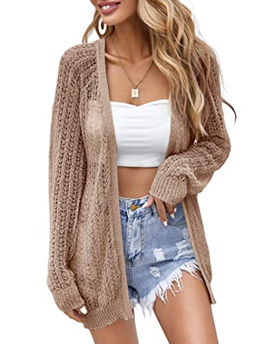 XuBa Women Crochet Lightweight Cardigan Cover Up Open Front Long Sleeve Summer Cardigans Camel - Image 5