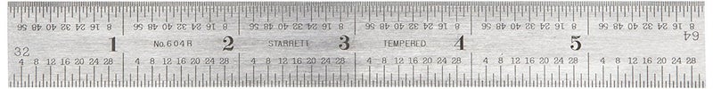 Starrett Spring Tempered Steel Rule with Regular Steel Finish Quick Reading and Inch Graduation 6 Length 4R Graduation Type 364 Thickness 604R6