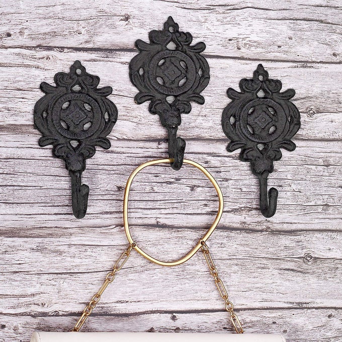 INDIAN LEAF HOOK ANTIQUE DECORATIVE VINTAGE STYLE HEAVY DUTY WALL COAT HOOKS PACK OF 3 ANTIQUE BLACK