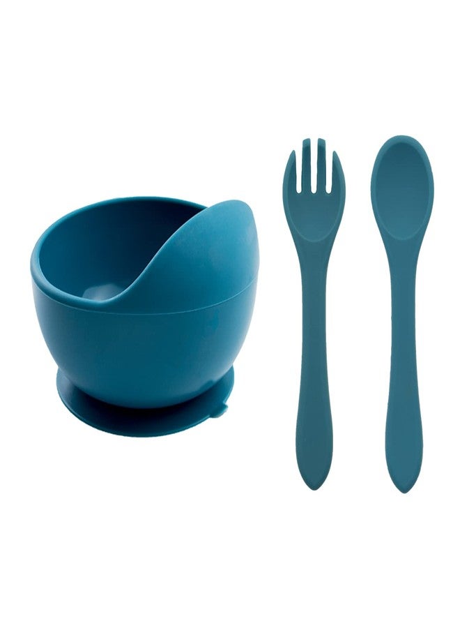 GUCHIGU Silicone Meal Bowl with Spoon & Fork Set for Baby/Toddler/Kids Silicon Spoon & Fork BPA Free Weaning Non-Slip Suction Unbreakable Feeding Bowl (1 Bowl, 1 Spoon and 1 Fork, Shaded Spruce) - Image 1