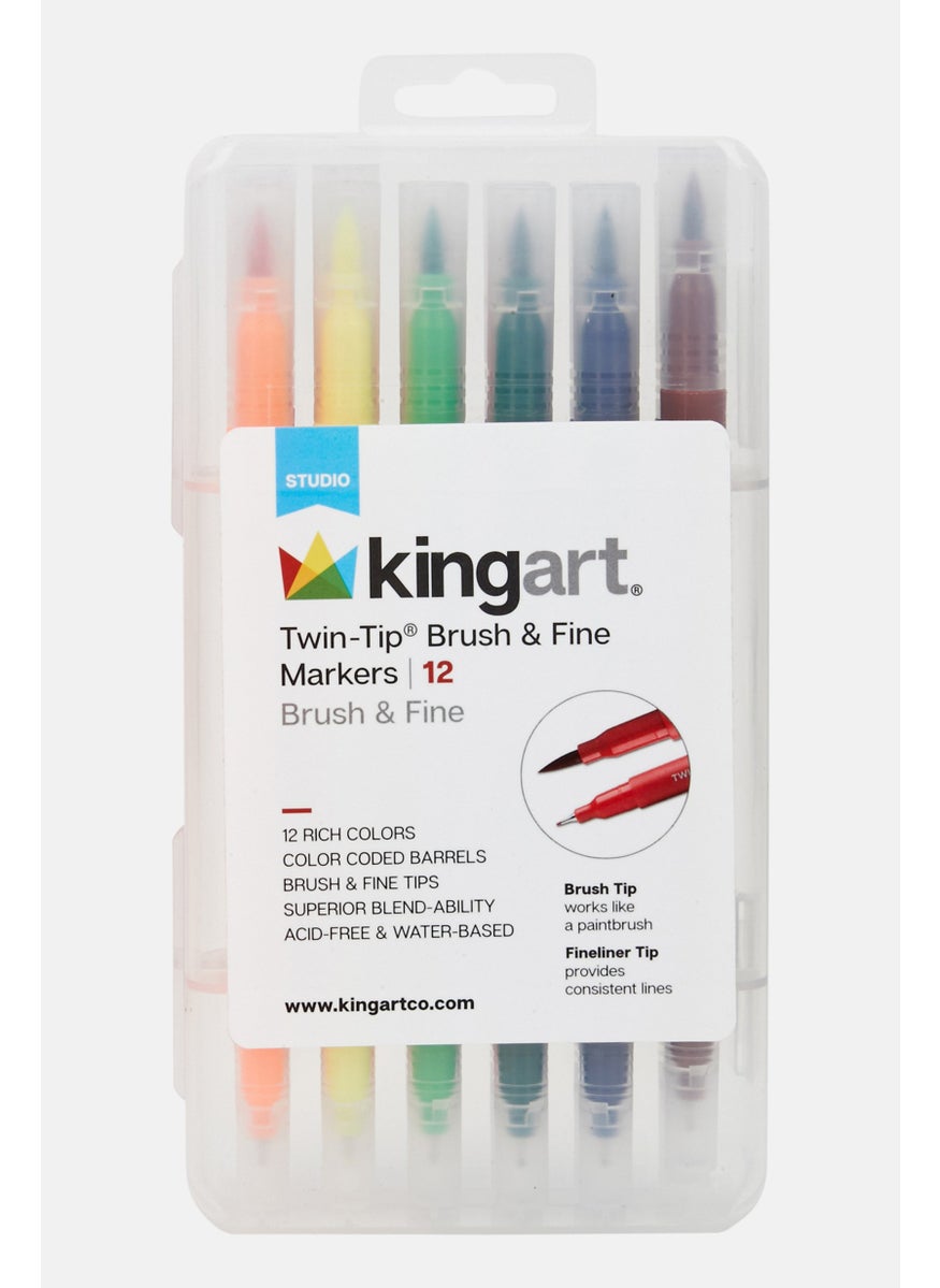 KINGART - 12 Pieces Dual Tip Fineliner Brush Pens In Case, Orange Combo - Image 1