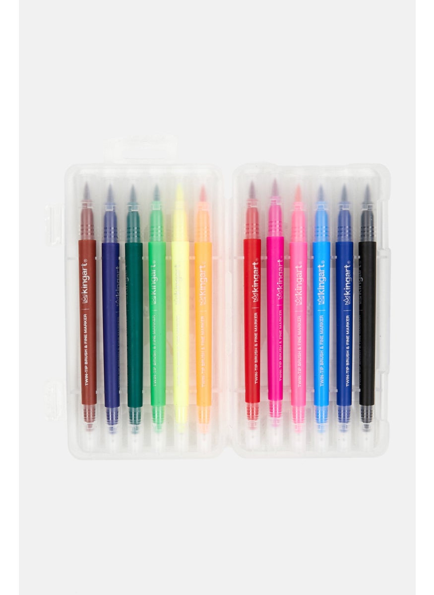 KINGART - 12 Pieces Dual Tip Fineliner Brush Pens In Case, Orange Combo - Image 1