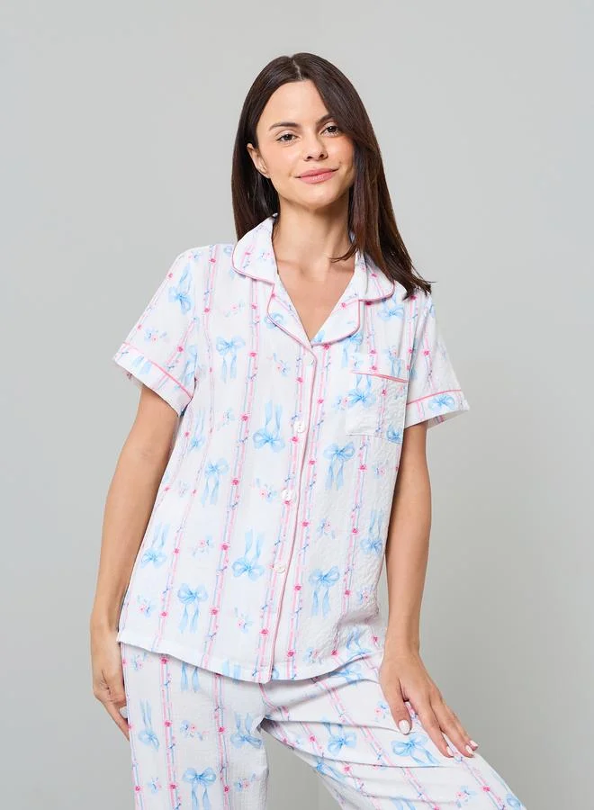 Take Two White Bow Print Shirt And Pyjama Set