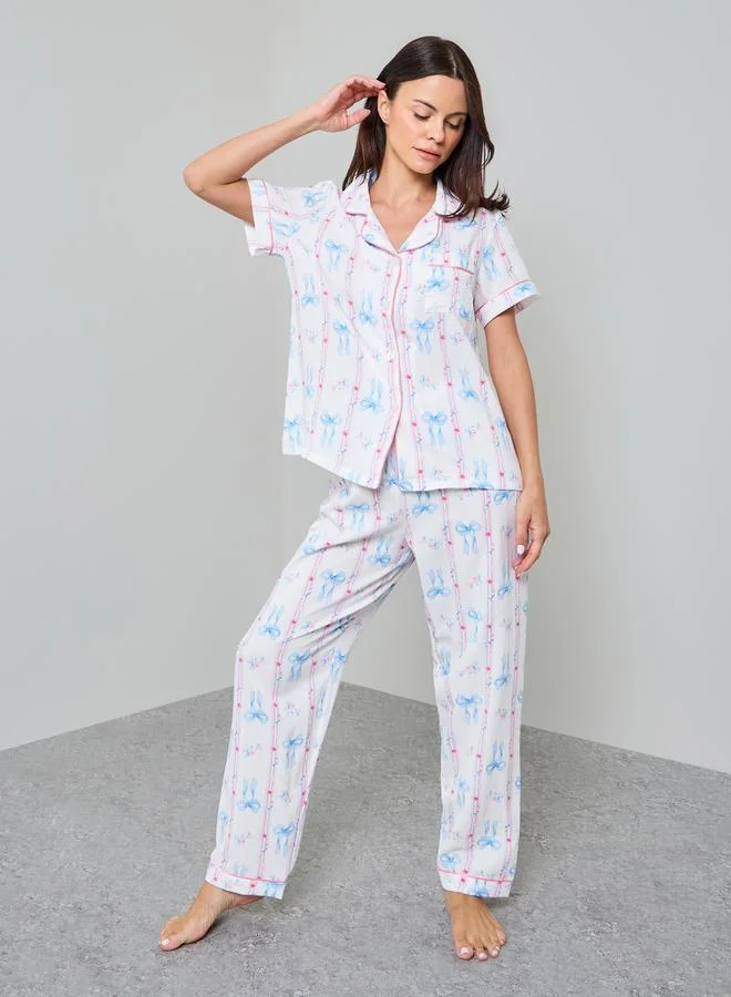 Take Two White Bow Print Shirt And Pyjama Set