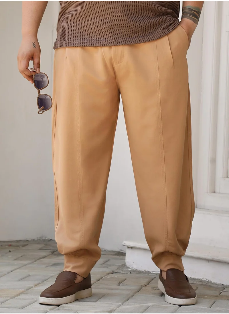 انستافاب بلس Instafab Plus Men's Khaki Beige Panelled Gurkha Trousers For Casual Wear | Mid-Rise | Regular Fit | Button Closure | Plus Size Trousers Crafted With Comfort Fit For Everyday Wear
