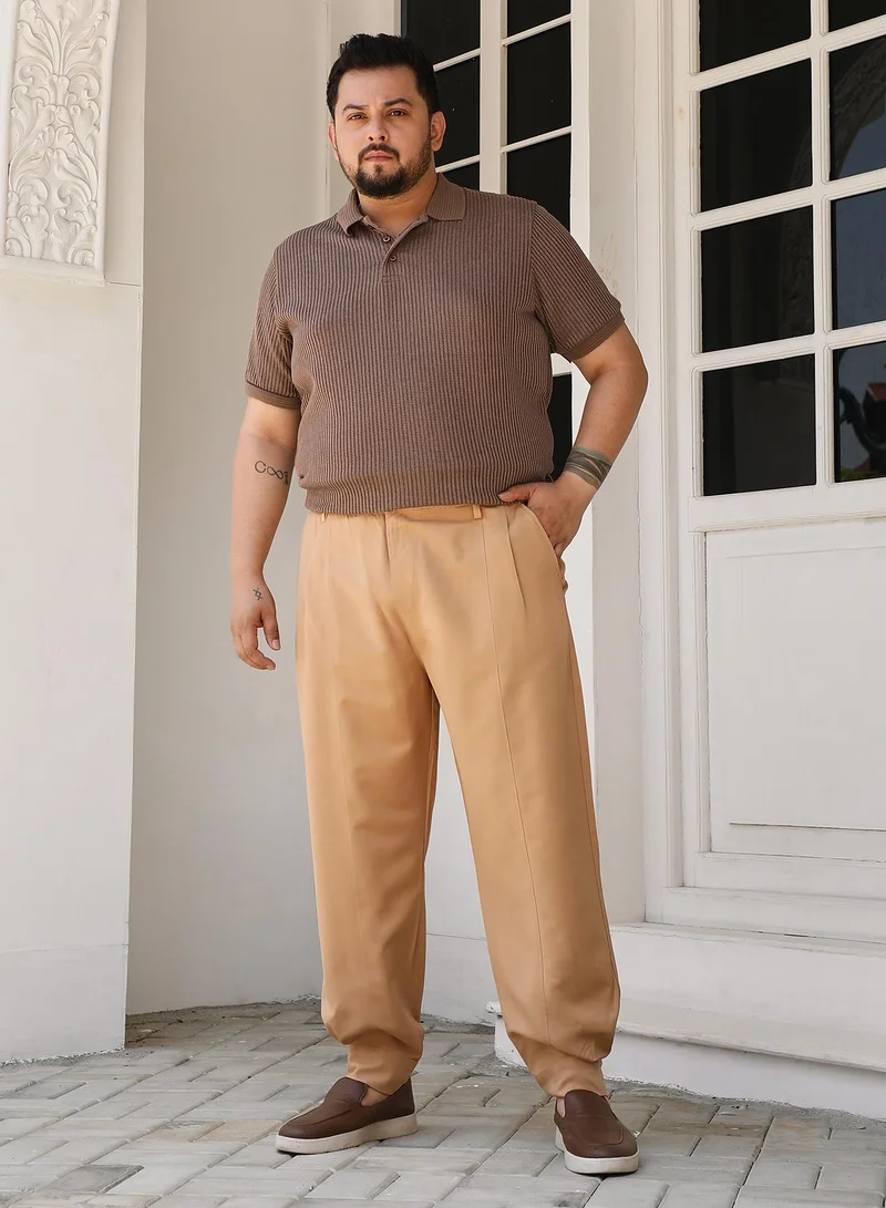 Instafab Plus Instafab Plus Men's Khaki Beige Panelled Gurkha Trousers For Casual Wear | Mid-Rise | Regular Fit | Button Closure | Plus Size Trousers Crafted With Comfort Fit For Everyday Wear