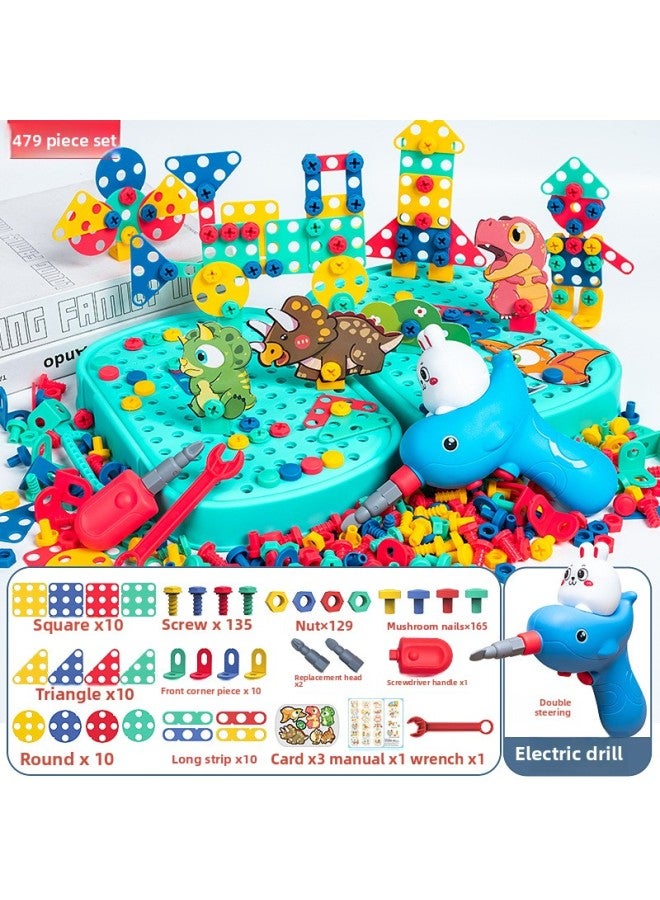 Diy Assembling Screw Tool Children's Electric Drill Screw Toy Dinosaur Set Box Puzzle Simulation Nut Combination-Color:[Green] Dinosaur Electric Drill 479-piece Set [e-commerce Box]]  - Image 1