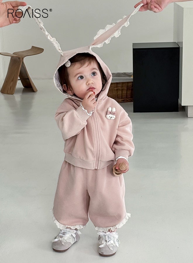 رويس ملابس من قطعتين للفتيات الصغيرات، سترة بأكمام طويلة وسروال بخصر مطاطي مع جيوب، سترة بقلنسوة رائعة وسروال رياضي بأساور، مجموعة ملابس مريحة للفتيات، ملابس مثالية للارتداء اليومي والأنشطة الخارجية - Image 1