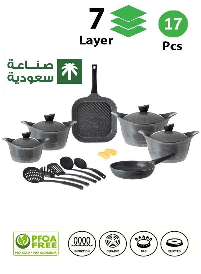 Badraig 17-Piece Granite Cookware Set Saudi Made Safe Dishwasher, PTFE/PFOA Free, Marble Nonstick Coating Stock Pot Fry Pan Grill Pan Kitchen Tool Silicone Grip - Dark Grey - Image 1