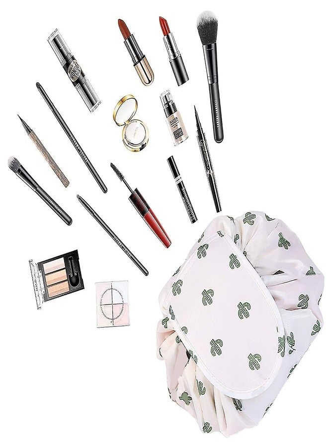 Nirvik Women’s Portable Waterproof Cosmetic Bag | Lazy Travel Makeup Organizer with Drawstring, Compact & Versatile Toiletry Bag with Multi-Pocket Storage (White Cactus Bag) - Image 3