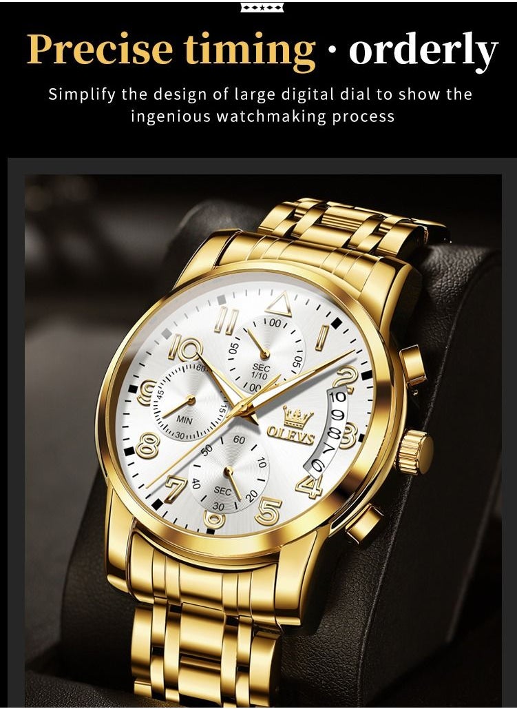 OLEVS - Waterproof Analog Quartz Movement Men's Watch Gold Metal Strap - Image 1
