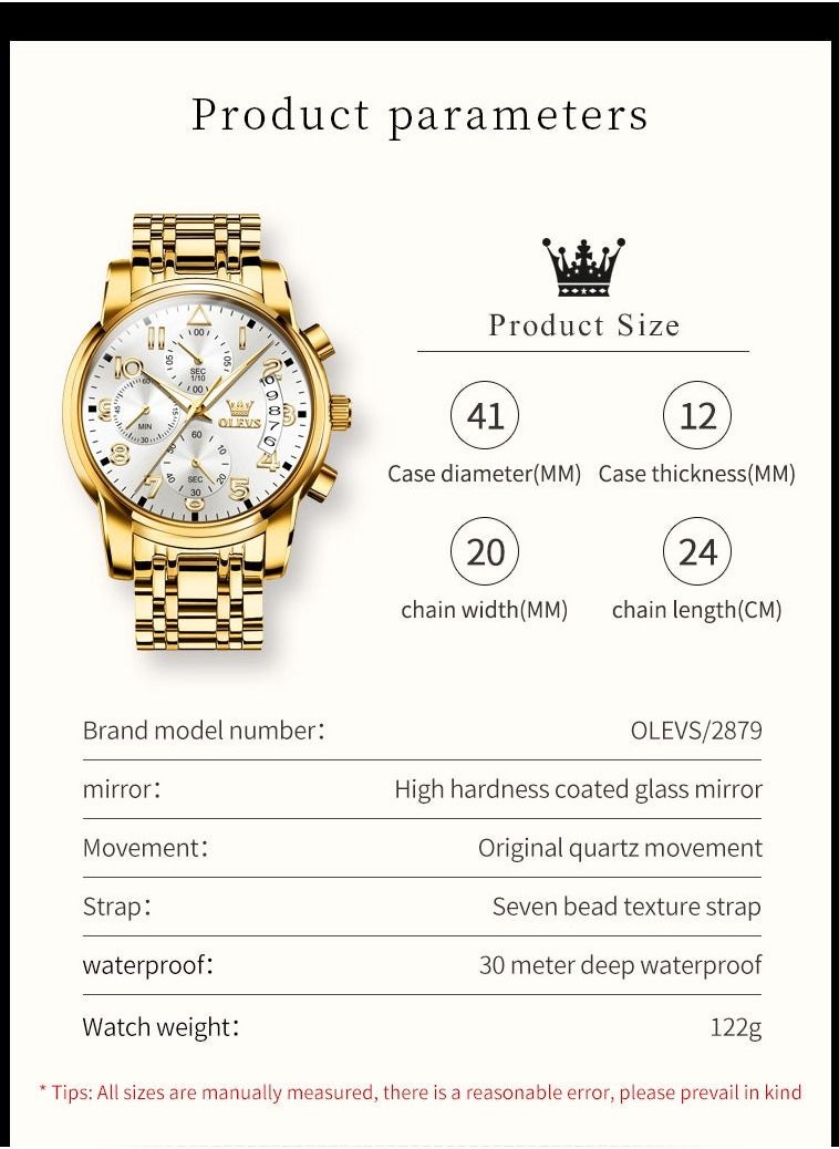 OLEVS - Waterproof Analog Quartz Movement Men's Watch Gold Metal Strap - Image 1