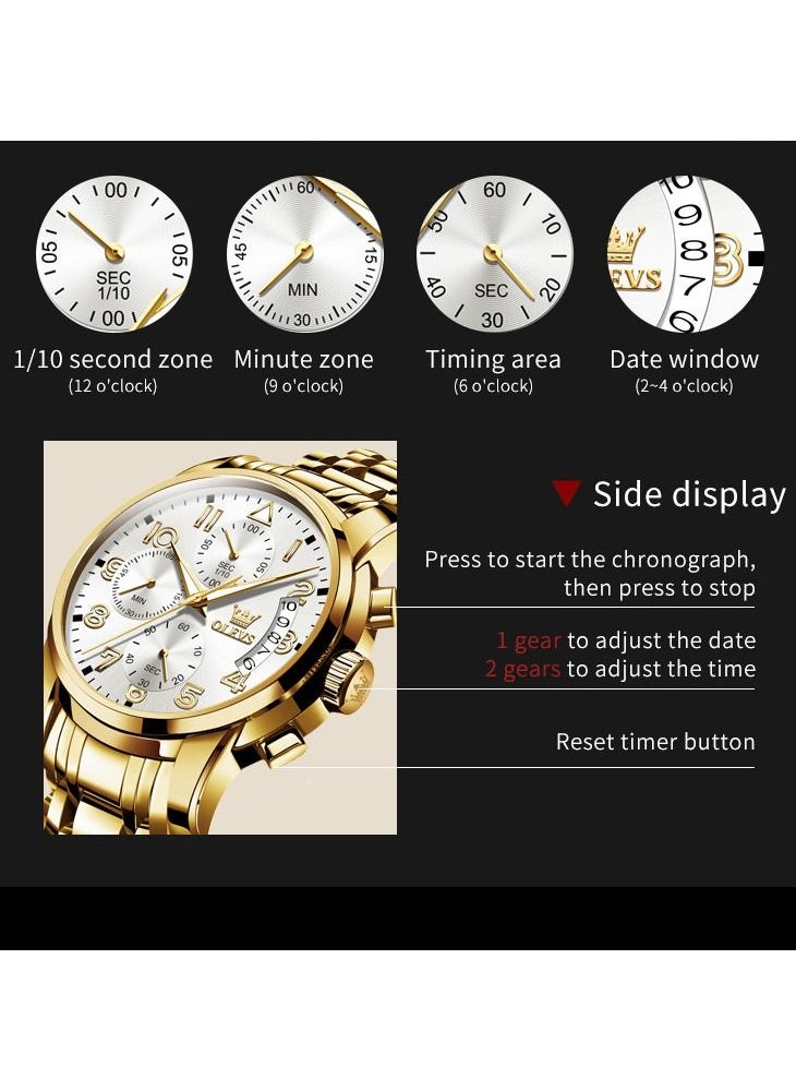 OLEVS - Waterproof Analog Quartz Movement Men's Watch Gold Metal Strap - Image 1