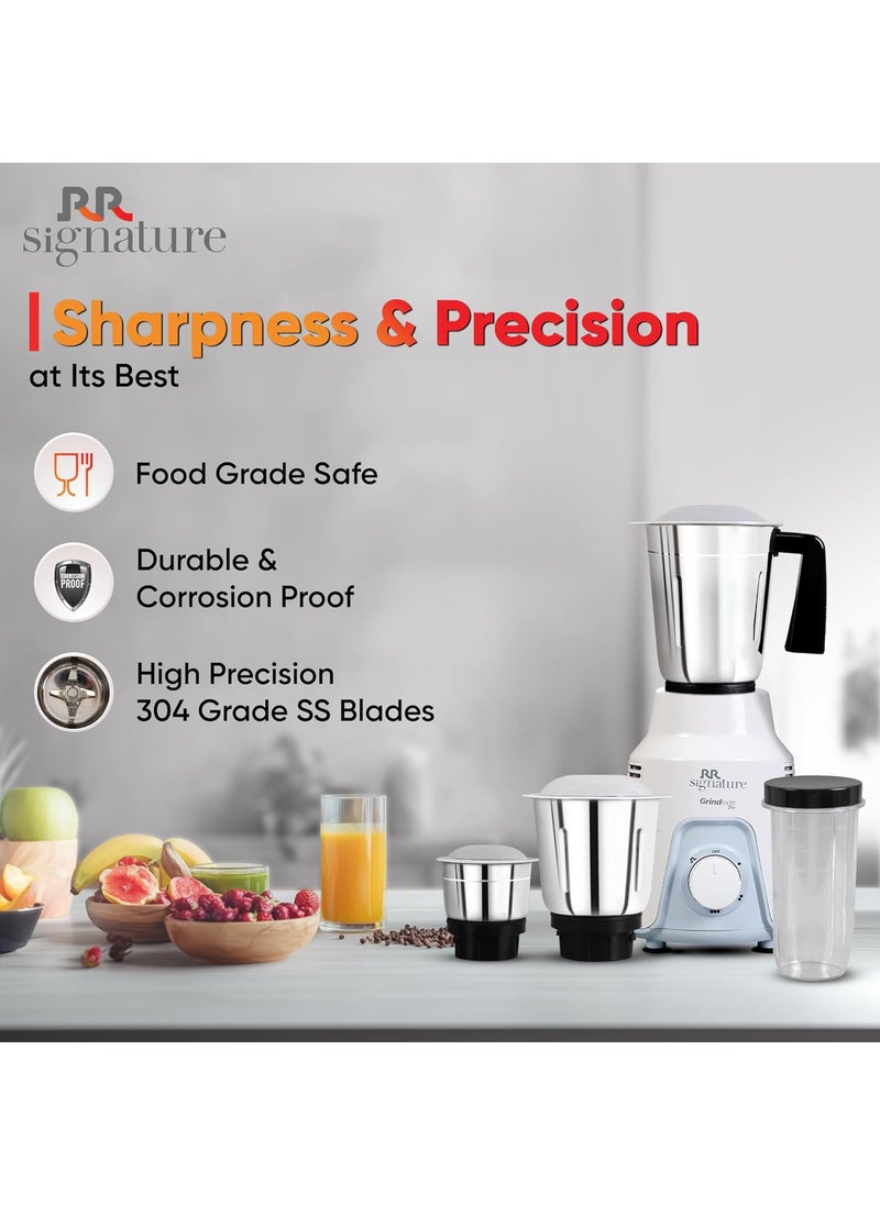 RR RR Signature Grindmate DLX+ 500-Watt Mixer Grinder| Mixie For All Kitchen Needs With 4 Jars (3 SS Jars For Chutney,Dry Or Wet Grinding,1 Smoothie Jar) White| 2 Yr Warranty on Product & 5 Yr on Motor  - Image 3