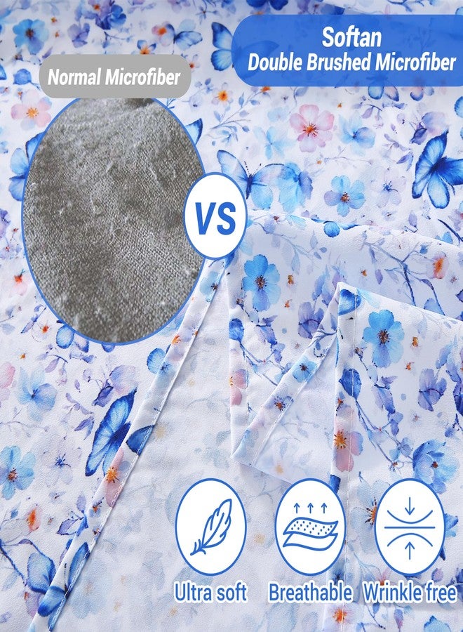 Softan Full Floral Sheets, Microfiber Blue Flower Printed Fitted Sheets with Non-Slip Straps and 15" Deep Pocket, Butterfly Patterned Cozy Bed Sheets Double, Cooling Sheets & Pillowcase Sets - Image 3