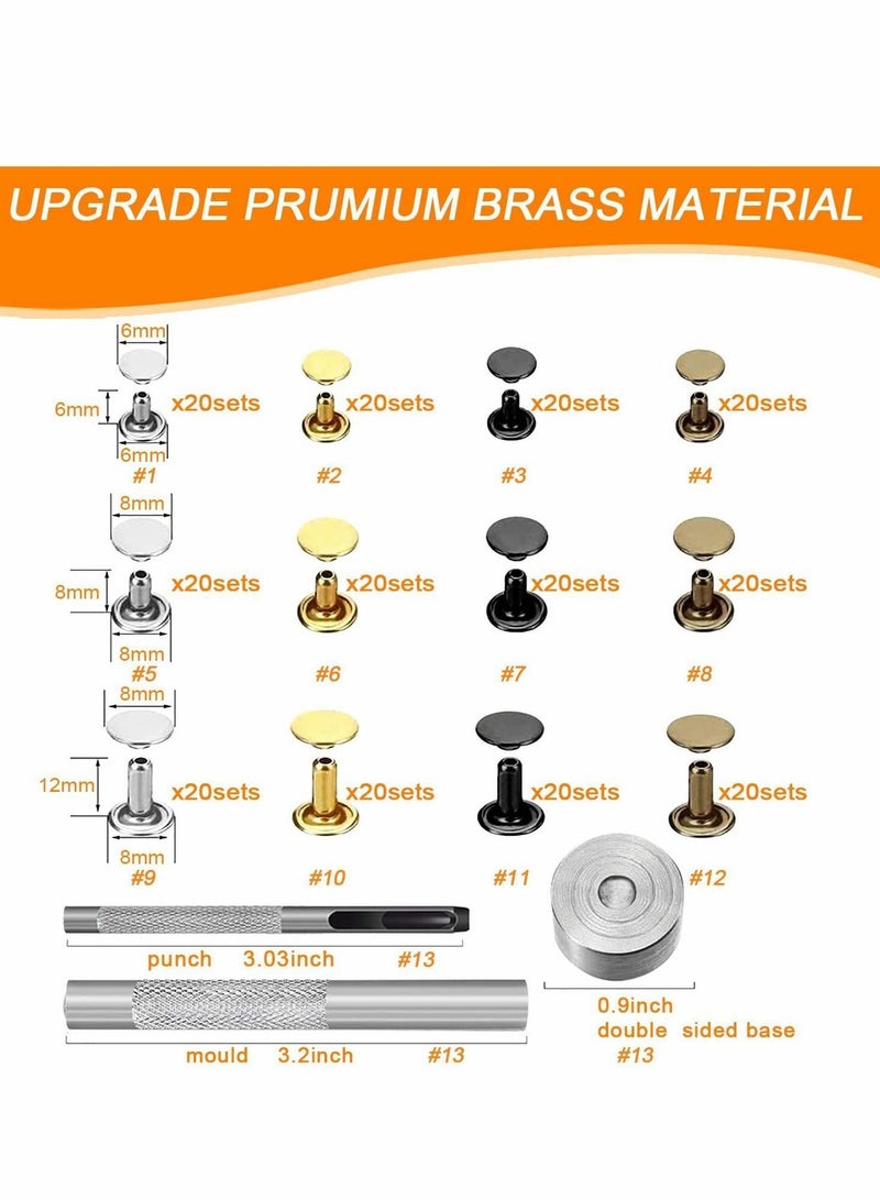 Y&D 240 Sets Leather Rivets, Double Cap Rivet Tubular - 4 Colors 3 Size Metal Studs Brass Rivets with Setting Tool Kit for Craft/Shoes/Bags/Clothes/Belts Repair Decoration  - Image 3