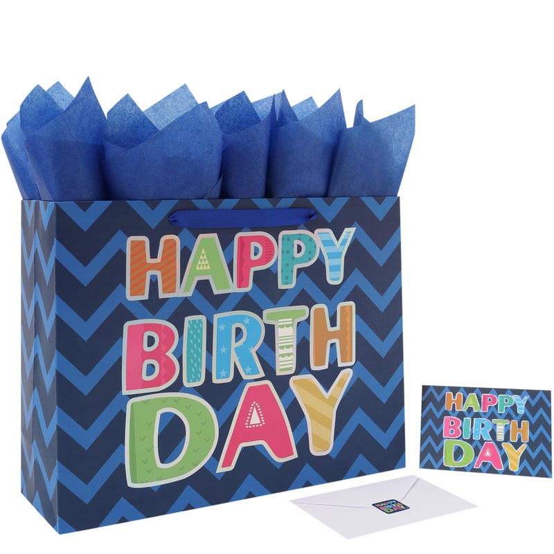 Qirrmiy 16.5â€ Extra Large Blue Happy Birthday Gift Bag Set with Handles, Greeting Card, Tissue Papers and Stickers for Men Boys Teens, for Kids' Parties, Baby Shower, Laser Foil 'Happy Birthday' Design, 1 Pcs - Image 1