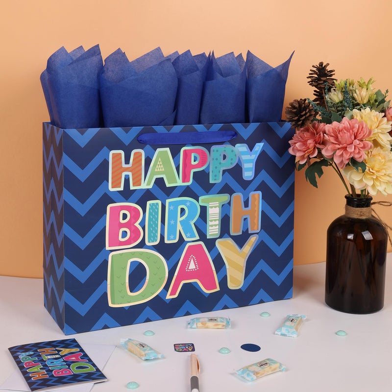 Qirrmiy 16.5â€ Extra Large Blue Happy Birthday Gift Bag Set with Handles, Greeting Card, Tissue Papers and Stickers for Men Boys Teens, for Kids' Parties, Baby Shower, Laser Foil 'Happy Birthday' Design, 1 Pcs - Image 5