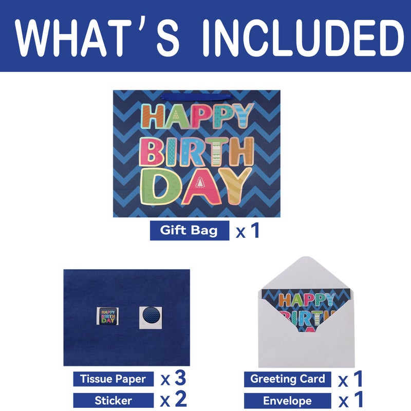 Qirrmiy 16.5â€ Extra Large Blue Happy Birthday Gift Bag Set with Handles, Greeting Card, Tissue Papers and Stickers for Men Boys Teens, for Kids' Parties, Baby Shower, Laser Foil 'Happy Birthday' Design, 1 Pcs - Image 3