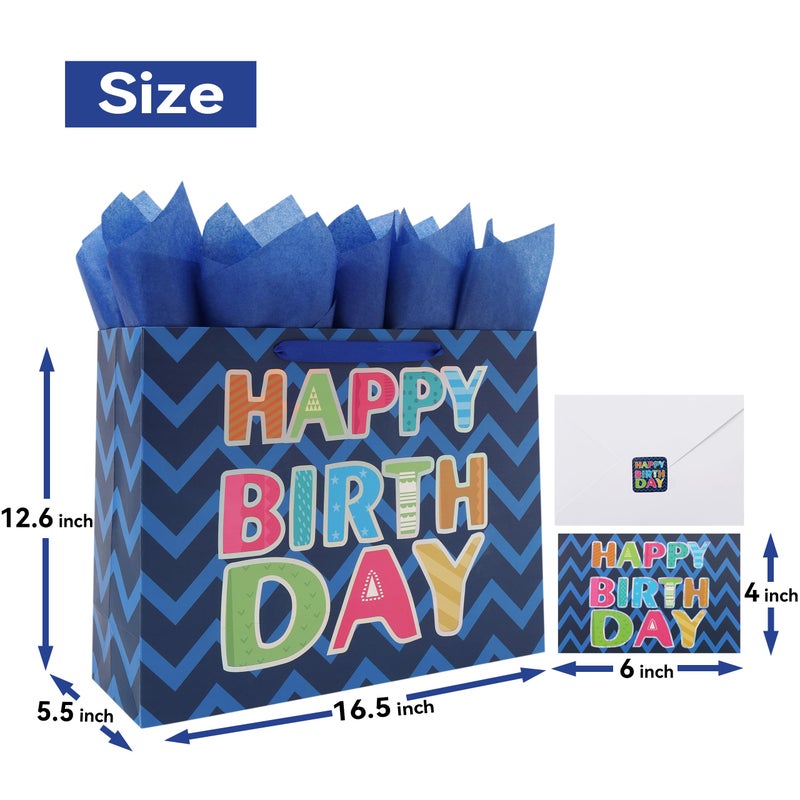 Qirrmiy 16.5â€ Extra Large Blue Happy Birthday Gift Bag Set with Handles, Greeting Card, Tissue Papers and Stickers for Men Boys Teens, for Kids' Parties, Baby Shower, Laser Foil 'Happy Birthday' Design, 1 Pcs - Image 2