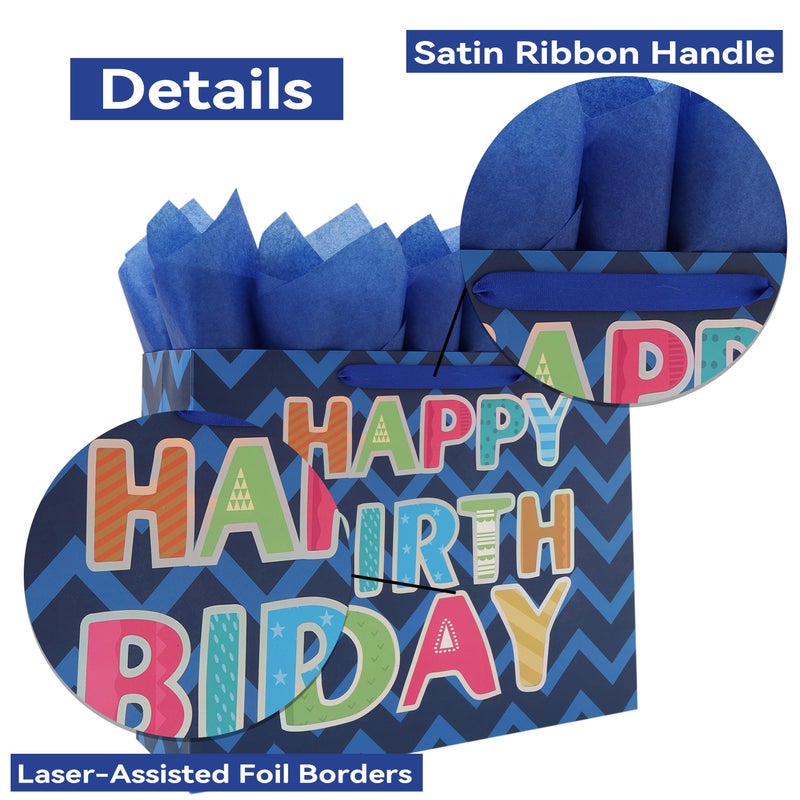 Qirrmiy 16.5â€ Extra Large Blue Happy Birthday Gift Bag Set with Handles, Greeting Card, Tissue Papers and Stickers for Men Boys Teens, for Kids' Parties, Baby Shower, Laser Foil 'Happy Birthday' Design, 1 Pcs - Image 4