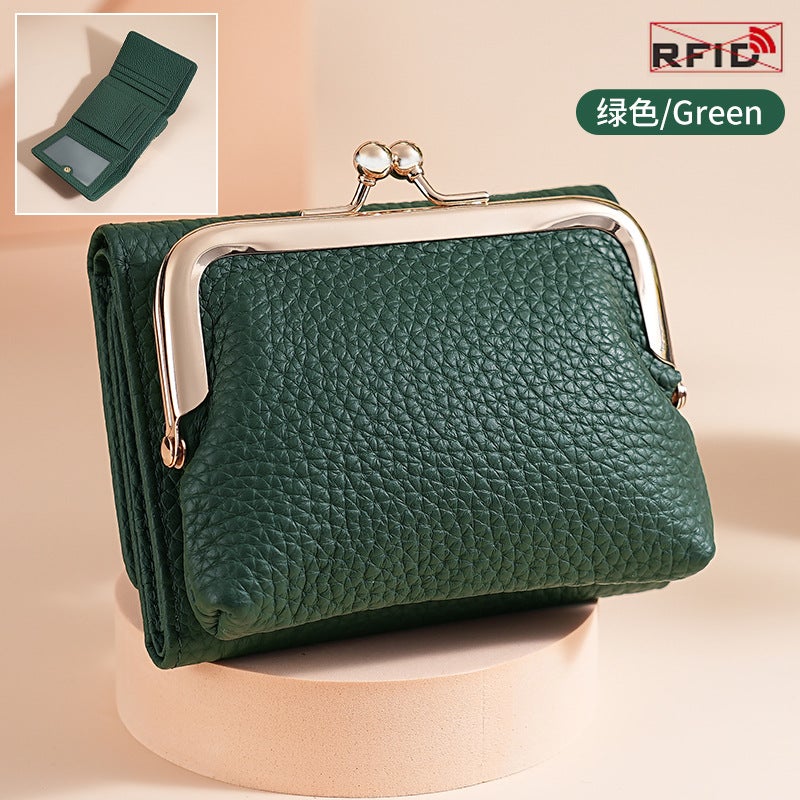 New Fashion Womens Small Purse Genuine Leather Japanese Style Triple Folding Gold Bag Top Layer Cowhide Coin Change Storage Bag for Women dark green