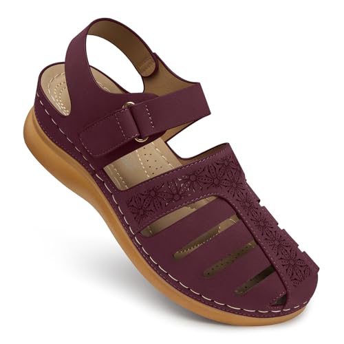 SHIBEVER Summer Sandals for Woman Dressy: Closed Toe Wedge Sandal Comfort Fisherman Hollow Out Wine Red Size 10.5 Womens Sandals - Image 1