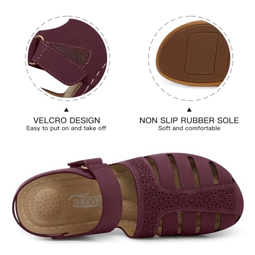 SHIBEVER Summer Sandals for Woman Dressy: Closed Toe Wedge Sandal Comfort Fisherman Hollow Out Wine Red Size 10.5 Womens Sandals - Image 3