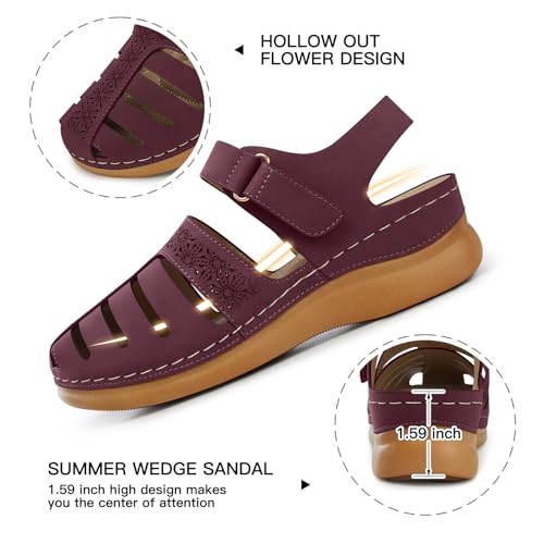 SHIBEVER Summer Sandals for Woman Dressy: Closed Toe Wedge Sandal Comfort Fisherman Hollow Out Wine Red Size 10.5 Womens Sandals - Image 2