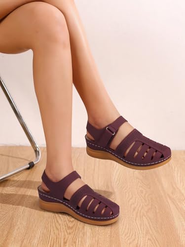 SHIBEVER Summer Sandals for Woman Dressy: Closed Toe Wedge Sandal Comfort Fisherman Hollow Out Wine Red Size 10.5 Womens Sandals - Image 4