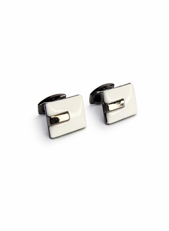 Premium White & Grey Rectangular Cufflinks for Men - Elegant Enamel Finish with Silver-Tone Detailing | Formal & Wedding