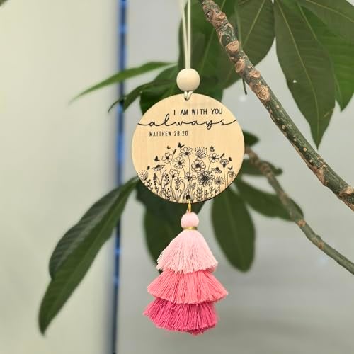 Qpige Christian Car Charm Gifts for Women Men, I am with You Always Rear View Mirror Hanger with Tassel Religious Car Hanging Ornament Accessories(Pink) - Image 2