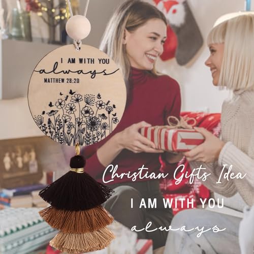 Qpige Christian Car Charm Gifts for Women Men, I am with You Always Rear View Mirror Hanger with Tassel Religious Car Hanging Ornament Accessories(Pink) - Image 5