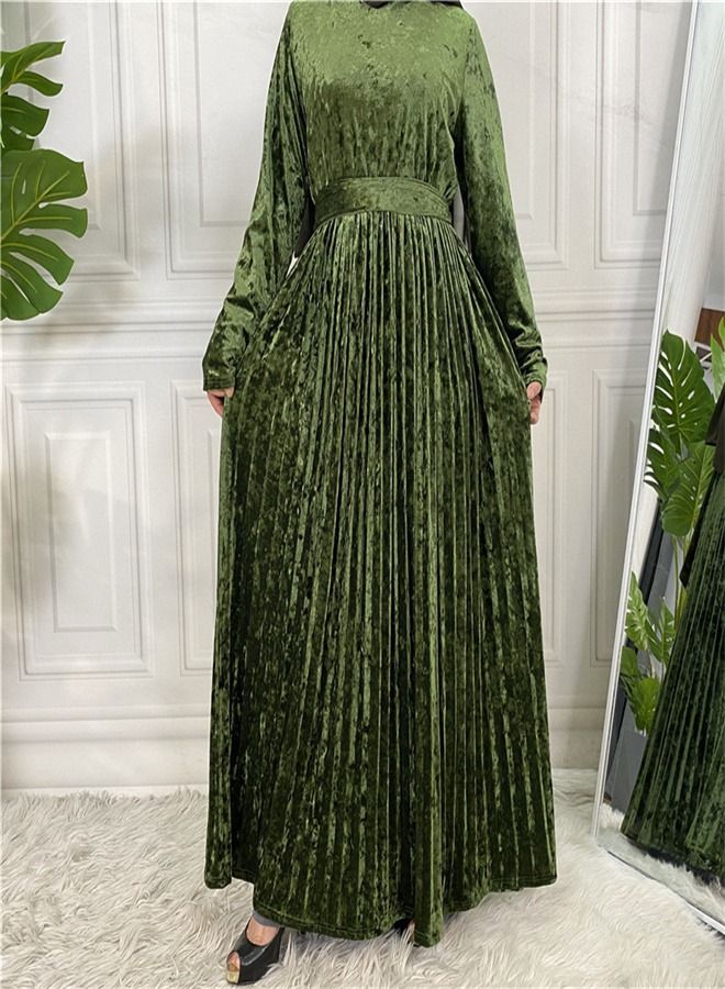 Loquat Fashion Solid Color Long Sleeve Dress Abaya Green  - Image 1