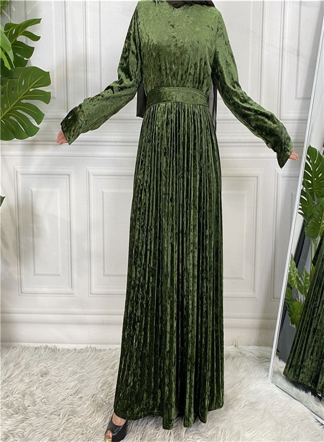 Loquat Fashion Solid Color Long Sleeve Dress Abaya Green  - Image 2