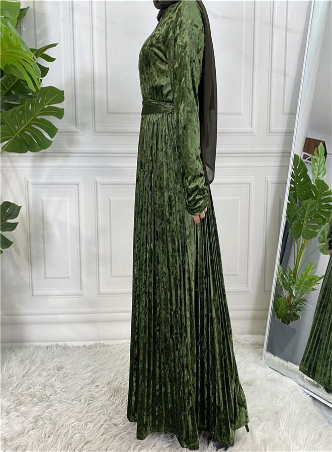 Loquat Fashion Solid Color Long Sleeve Dress Abaya Green  - Image 3