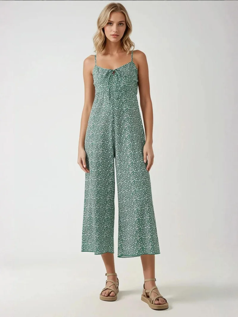 Wide Leg Floral Knitted Jumpsuit with V-Neck